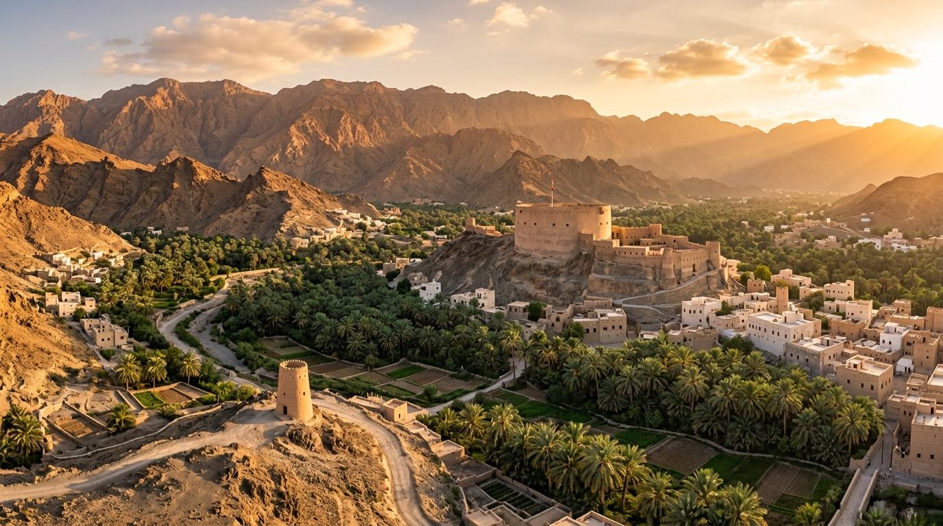 Scenic Omani mountain citadel and oasis
